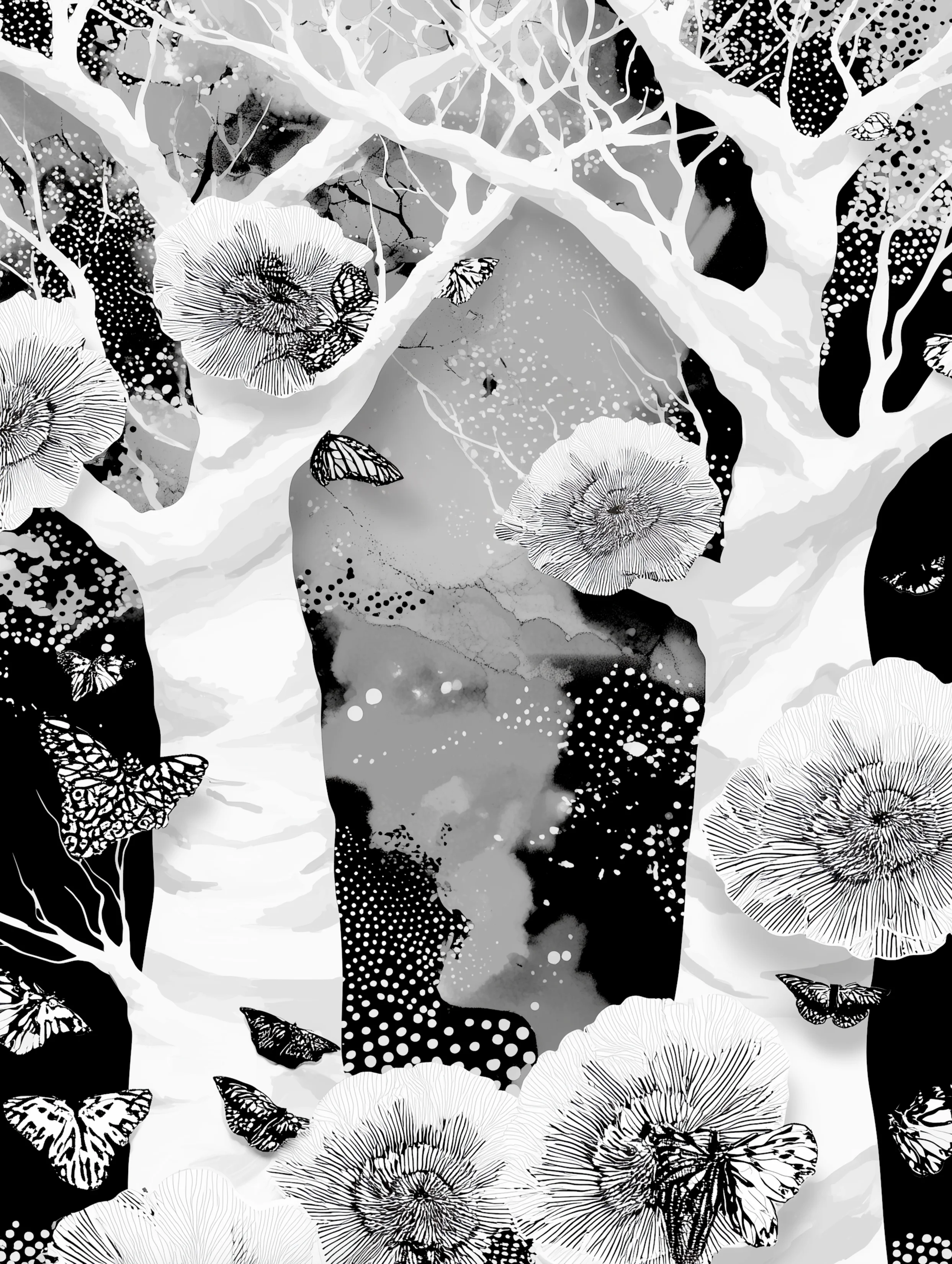 Free printable dead tree coloring page for adults featuring two white trunks dead tree